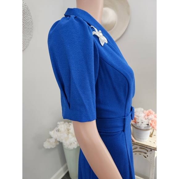 Maison Tara Cobalt Puff Sleeve Belted Waist A-Line Knee Length Dress - Picture 4 of 7